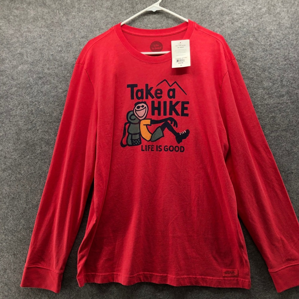 NWT Life is Good Crusher Take A Hike Graphic Tee Mens Large Red Long Sleeve